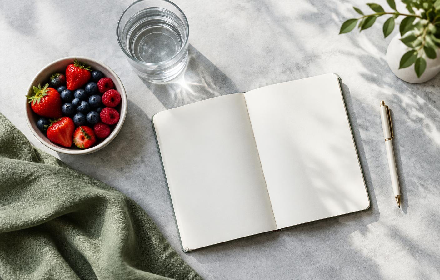Water, fruit, and an open notebook representing thoughtful daily habits and checking supplement information